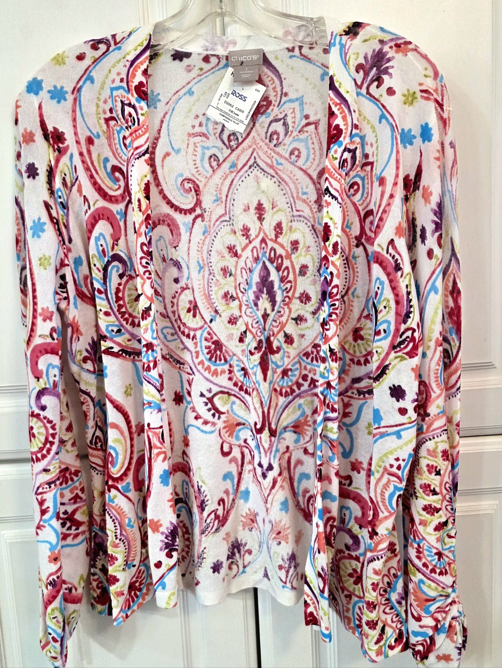 Chico's Pink Multicolor Paisley Open Front Cardigan - Size Medium- Nwt